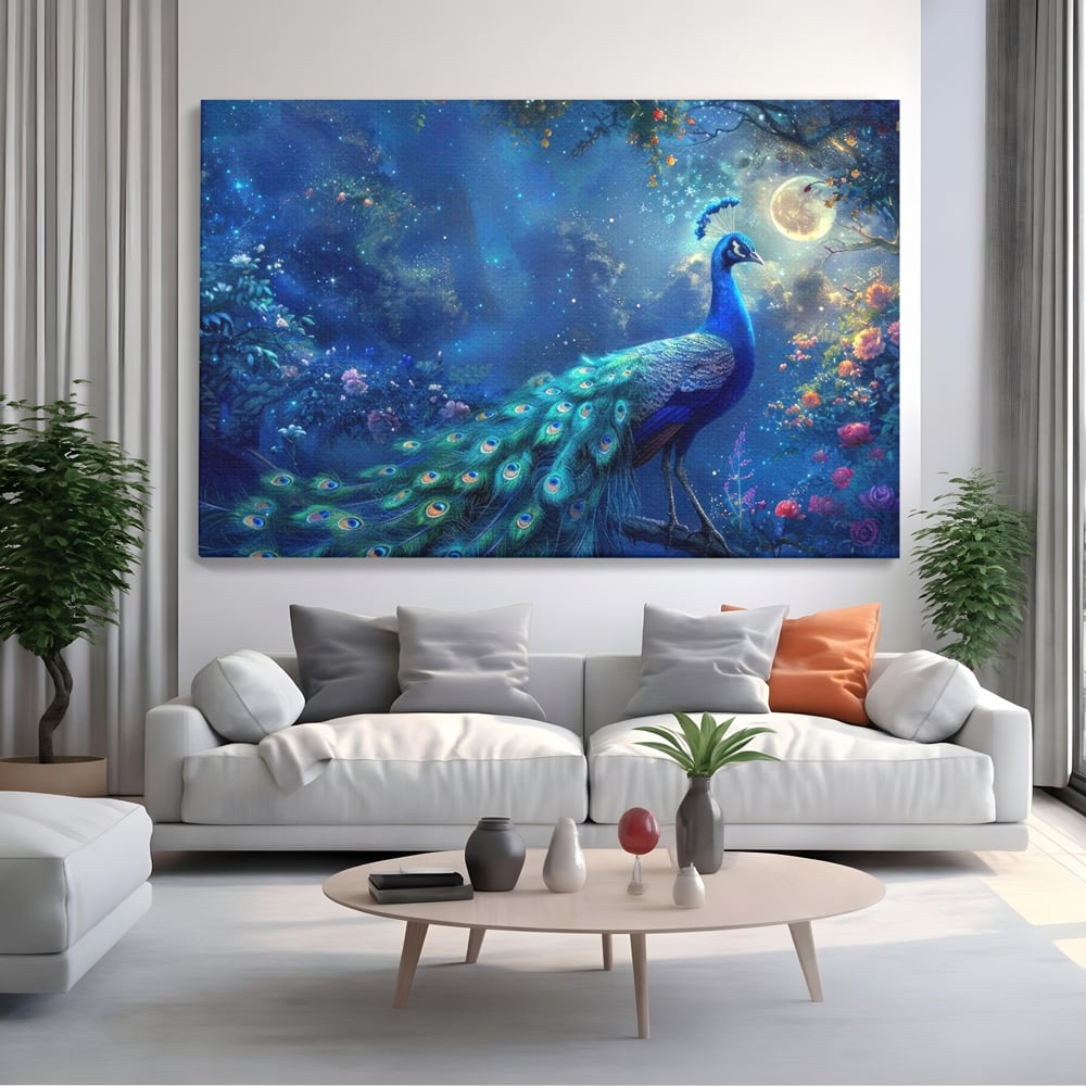 Tablou canvas cu tablou canvas cu paun albastru noaptea, fara rama, pe sasiu de lemn, pe perete intr-un living